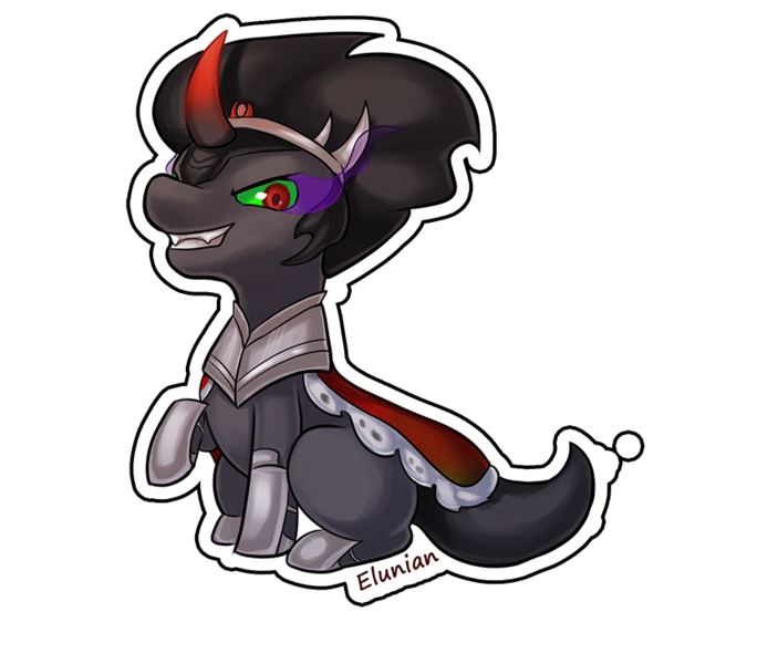 Size: 831x729 | Tagged: safe, artist:elunian, derpibooru import, king sombra, pony, unicorn, armor, badge reel, bevor, boots, chibi, clothes, colored horn, crown, curved horn, decorative magnet, evil grin, fangs, grin, helmet, horn, image, jewelry, keychain, king sideburns, magnet, male, png, refrigerator magnet, regalia, shoes, simple background, smiling, solo, sombra eyes, sombra horn, sombra's cape, sombra's robe, stallion, sticker, transparent background
