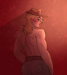 Size: 1080x1222 | Tagged: suggestive, artist:iceyspiceym, derpibooru import, big macintosh, human, ass, back, bedroom eyes, belt, blushing, butt, clothes, cowboy hat, denim, freckles, hat, humanized, image, jeans, male, muscles, pants, png, solo, solo male
