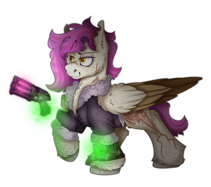Size: 2600x2300 | Tagged: safe, artist:molars, derpibooru import, oc, oc:molars, unofficial characters only, pegasus, pony, fallout equestria, artificial magic, ashes town, ashes town oc, bomber jacket, brown feathers, burn, burn scars, buy our toys, chest fluff, clothes, coat, colored hooves, colored wings, curly mane, dashite, dashite brand, eyebrows, eyelashes, fallout equestria oc, fantasy gun, female, fluffy mane, folded wings, glow, grey hooves, gun, image, jacket, levitation, magic, mare, pink mane, pipbuck, png, raised eyebrow, raised leg, removed cutie mark, ripped ear, scar, short, simple background, smiling, smirk, solo, solo female, solo mare, static pose, telekinesis, transparent background, unshorn fetlocks, weapon, wings, yellow eyes