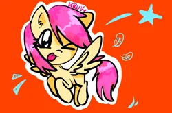 Size: 3840x2535 | Tagged: safe, artist:kruvvv, derpibooru import, fluttershy, pegasus, pony, :p, ;p, alternate hairstyle, flying, grin, happy, hooves to the chest, image, looking at something, one eye closed, orange background, png, raised hoof, short hair, short mane, simple background, smiling, solo, spread wings, tongue out, wings, wink