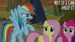 Size: 1280x720 | Tagged: safe, derpibooru import, edit, edited screencap, editor:quoterific, screencap, fluttershy, pinkie pie, rainbow dash, the ending of the end, image, jpeg