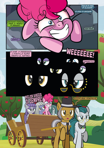 Size: 1920x2715 | Tagged: safe, artist:alexdti, derpibooru import, cloudy quartz, igneous rock pie, limestone pie, marble pie, maud pie, pinkie pie, pony, comic:how we met (italian), eyes closed, female, filly, filly limestone pie, filly marble pie, filly maud pie, filly pinkie pie, foal, image, italian, jpeg, younger