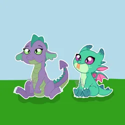 Size: 2500x2500 | Tagged: safe, artist:ponyrasmeii, derpibooru import, sparky sparkeroni, spike, dragon, g5, baby, baby dragon, derpibooru exclusive, g4, image, mlp fim's thirteenth anniversary, png, sitting, sparky and his hero