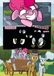 Size: 1920x2715 | Tagged: safe, artist:alexdti, derpibooru import, cloudy quartz, igneous rock pie, limestone pie, marble pie, maud pie, pinkie pie, pony, comic:how we met, cart, female, filly, filly pinkie pie, image, jpeg, younger