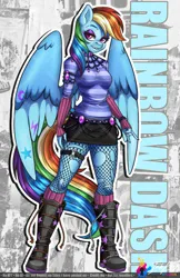 Size: 792x1224 | Tagged: safe, artist:inkkeystudios, derpibooru import, rainbow dash, anthro, pegasus, plantigrade anthro, arm warmers, boots, clothes, emo, fishnets, goth, image, makeup, png, punk, shoes, skirt, solo, wings