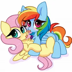 Size: 2048x2048 | Tagged: safe, alternate version, artist:pesty_skillengton, derpibooru import, fluttershy, rainbow dash, pegasus, pony, :p, blushing, chibi, cute, duo, duo female, female, flutterdash, folded wings, g4, heart, heart eyes, image, jpeg, lesbian, looking at you, lying down, mare, on back, shipping, simple background, spread wings, tongue out, white background, wingding eyes, wings
