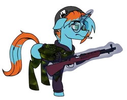 Size: 1662x1308 | Tagged: safe, artist:cassava, derpibooru import, oc, oc:frizzen, unofficial characters only, pony, unicorn, 2023, armor, beanie, camouflage, cigarette, clothes, commission, glasses, gun, hat, image, magic, png, rifle, simple background, socks, solo, stockings, tail, telekinesis, thigh highs, transparent background, two toned mane, weapon