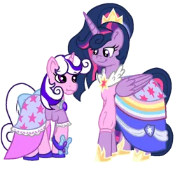 Size: 800x800 | Tagged: safe, artist:lindasaurie, derpibooru import, princess twilight 2.0, twilight (g1), twilight sparkle, twilight sparkle (alicorn), alicorn, pony, unicorn, g1, the last problem, alternate hairstyle, bow, clothes, colored lineart, cutie mark, cutie mark on clothes, derpibooru exclusive, dress, duo, duo female, ethereal mane, eyebrows, eyebrows visible through hair, female, g4, height difference, image, jewelry, looking at each other, looking at someone, mare, mlp fim's thirteenth anniversary, older, older twilight, older twilight sparkle (alicorn), png, raised hoof, shoes, simple background, smiling, smiling at each other, tail, tail bow, transparent background