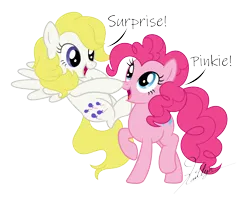 Size: 5000x4000 | Tagged: safe, artist:feather_bloom, artist:kaitykat117, derpibooru import, pinkie pie, surprise, earth pony, pegasus, g1, base used, boop, flying, g4, image, mlp fim's thirteenth anniversary, png, raised hoof, simple background, speech bubble, talking, transparent background, vector