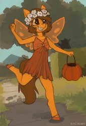 Size: 1170x1714 | Tagged: safe, artist:marsminer, derpibooru import, oc, oc:venus spring, unofficial characters only, anthro, fairy, unguligrade anthro, braces, clothes, costume, halloween, holiday, image, png, pumpkin, solo