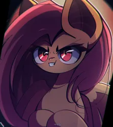 Size: 2400x2700 | Tagged: safe, artist:miryelis, derpibooru import, fluttershy, bat pony, pony, bat ponified, big ears, evil grin, female, flutterbat, glow, glowing eyes, grin, image, long hair, mare, png, race swap, red eyes, signature, smiling, solo