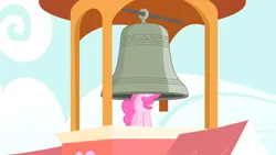 Size: 1920x1080 | Tagged: safe, derpibooru import, screencap, pinkie pie, castle mane-ia, bell, g4, image, jewelry, pinkie being pinkie, png, ring, school, smiling