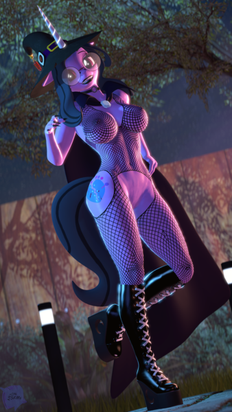 Size: 2160x3840 | Tagged: questionable, artist:antonsfms, derpibooru import, izzy moonbow, anthro, unicorn, g5, 3d, abs, big breasts, boots, breasts, butt, clothes, costume, erect nipples, eyelashes, eyeliner, eyeshadow, female, fishnet clothing, fishnets, fit, garden, glasses, goth, goth izzy, halloween, halloween costume, high heels, holiday, image, knee-high boots, looking at you, makeup, mlp fim's thirteenth anniversary, night, night sky, nipple outline, nipples, nudity, partial nudity, party, platform boots, png, round glasses, sexy, shoes, sky, solo, solo female, source filmmaker, stars, tree