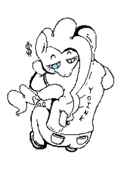 Size: 771x1015 | Tagged: safe, artist:djsleepyhooves, derpibooru import, pinkie pie, oc, oc:anon, earth pony, human, pony, black and white, clothes, crouching, denim, dollar sign, duo, eyebrows, g4, grayscale, hug, hugging a pony, image, jeans, lineart, looking down, monochrome, ms paint, overhead view, pants, png, raised eyebrow, shading, shirt, simple background, sitting, stealing, t-shirt, wallet, white background