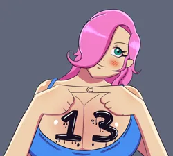 Size: 1972x1772 | Tagged: suggestive, artist:feralroku, derpibooru import, fluttershy, human, 13, big breasts, blushing, breasts, busty fluttershy, cleavage, derpibooru exclusive, gray background, hair over one eye, huge breasts, humanized, image, mlp fim's thirteenth anniversary, paint, png, simple background, solo