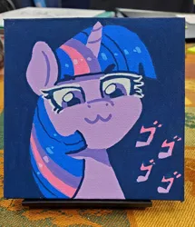 Size: 2224x2592 | Tagged: safe, artist:dandy, derpibooru import, twilight sparkle, pony, unicorn, :3, acrylic painting, bust, eyebrows, eyebrows visible through hair, female, horn, image, japanese, jpeg, looking at you, looking down, looking down at you, mare, menacing, moon runes, solo, text, traditional art