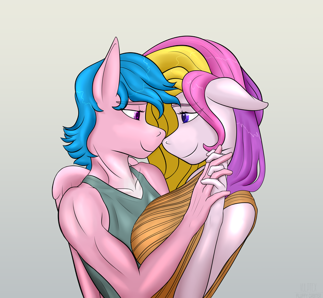 Size: 3702x3408 | Tagged: safe, artist:fluffyorbiter, derpibooru import, firefly, fluttershy, fluttershy (g3), anthro, g1, g3, breasts, busty fluttershy, clothes, female, flutterdash, flutterfly, heart, heart eyes, holding hands, image, lesbian, lidded eyes, looking at each other, looking at someone, love, mlp fim's thirteenth anniversary, muscles, muscular female, png, shipping, sweater, sweatershy, tanktop, wingding eyes