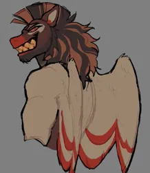 Size: 511x586 | Tagged: safe, derpibooru import, oc, anthro, pegasus, fallout equestria, brown mane, brown pelt, colored, grin, image, mohawk, mullet, orange mane, png, red eyes, red nose, red wings, sharp teeth, simple background, sketch, smiling, stubble, swirly eyes, teeth, white torso, white wings, wings, yellow teeth