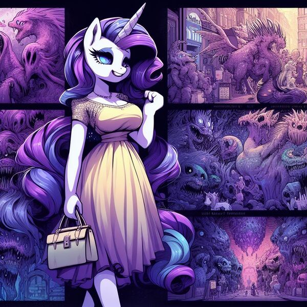Size: 1024x1024 | Tagged: safe, derpibooru import, machine learning generated, rarity, anthro, unicorn, ai content, apocalypse, bag, body horror, breasts, clothes, dress, eldritch abomination, evil grin, female, generator:bing image creator, generator:dall-e 3, grin, handbag, horror, image, jpeg, prompter:horselover fat, smiling, walking
