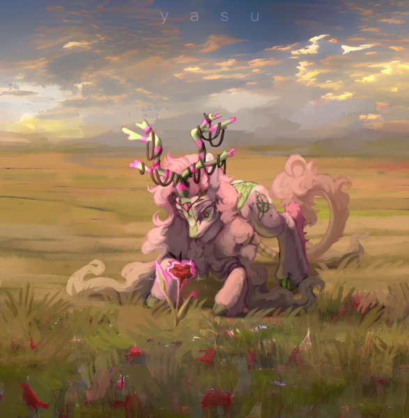 Size: 2991x3059 | Tagged: safe, artist:yasu, derpibooru import, oc, kirin, pony, cloud, corn, field, flower, food, grass, green, image, looking down, nature, pink body, pink hair, png, scenery, soft, softcore, solo, sunset