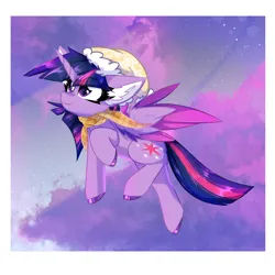 Size: 2000x2000 | Tagged: safe, artist:jubyskylines, derpibooru import, twilight sparkle, twilight sparkle (alicorn), alicorn, pony, clothes, cloud, colored wings, colored wingtips, female, flying, hat, image, mare, passepartout, png, scarf, sky, solo, stars, wings