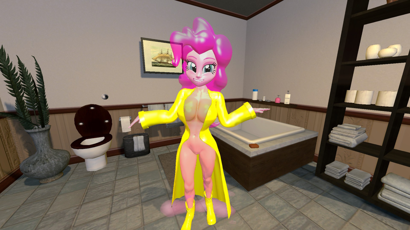 Size: 1920x1080 | Tagged: questionable, artist:oatmeal!, derpibooru import, pinkie pie, goo, human, monster girl, equestria girls, 3d, accessory swap, bathroom, bathtub, breasts, cleavage, clothes, costume, gmod, halloween, halloween costume, holiday, humanized, image, jacket, monster, monster musume, open clothes, open jacket, png, rain boots, raincoat, semi-transparent, slime, solo, species swap, toilet