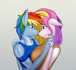 Size: 3702x3408 | Tagged: safe, artist:fluffyorbiter, derpibooru import, fluttershy (g3), rainbow dash, anthro, g3, breasts, clothes, female, heart, heart eyes, holding hands, image, lesbian, lidded eyes, looking at each other, looking at someone, love, mlp fim's thirteenth anniversary, muscles, muscular female, png, shipping, sweater, tanktop, wingding eyes