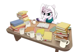 Size: 6460x4495 | Tagged: safe, artist:dacaoo, derpibooru import, oc, unofficial characters only, pony, unicorn, absurd resolution, book, clothes, coffee mug, colored pupils, horn, image, lying down, mug, png, prone, scarf, simple background, solo, text, tired, transparent background, unicorn oc