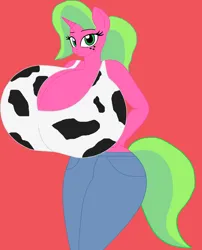 Size: 1205x1495 | Tagged: suggestive, artist:sturk-fontaine, derpibooru import, oc, oc:melon kiss, anthro, unicorn, base used, big breasts, breasts, cowprint, freckles, hand on hip, huge breasts, image, impossibly large breasts, png