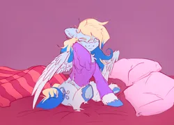 Size: 3184x2289 | Tagged: safe, artist:itssim, derpibooru import, oc, oc:azure opus, pegasus, pony, bed, blanket, blind, clothes, female, frog (hoof), image, jpeg, mare, one eye closed, pajamas, pillow, sleepy, solo, spread wings, tail, tired, two toned mane, two toned tail, underhoof, unshorn fetlocks, wavy mouth, wings