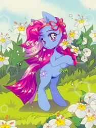 Size: 1620x2160 | Tagged: safe, artist:pierogarts, derpibooru import, star swirl, bee, earth pony, insect, pony, bipedal, bouquet, bow, ear fluff, female, flower, flower in hair, grass, headband, image, lens flare, mare, mlp fim's thirteenth anniversary, png, purple eyes, ribbon, smiling, solo, stars, turned head