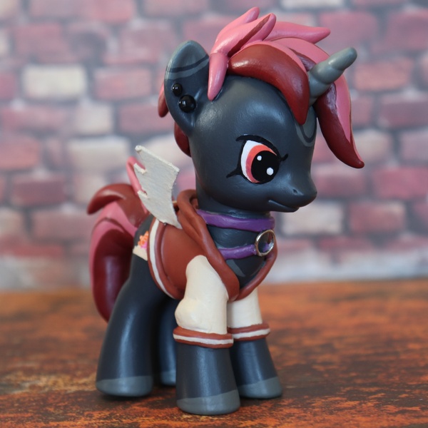 Size: 3507x3507 | Tagged: safe, artist:mistyquest, derpibooru import, oc, oc:dahlia storm, unofficial characters only, pony, unicorn, friendship is magic, alt, alternative, angry, angry eyes, bat wings, clothed ponies, clothes, coat markings, colored ears, colored hooves, colored horn, craft, customized toy, ear piercing, earring, eyeliner, face, facial markings, figure, figurine, g4, gray coat, gray fur, grey hair, harness, hoodie, horn, image, irl, jacket, jewelry, jpeg, looking at something, looking away, makeup, markings, multicolored eyes, multicolored hair, multicolored mane, multicolored tail, my little pony, orange eyes, outfit, outfits, painted, photo, piercing, purple eyes, red hair, red mane, red tail, sculpted, sculpture, shirt, signature, simple background, solo, spread wings, standing, tack, tail, toy, wings