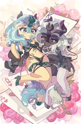 Size: 2951x4532 | Tagged: suggestive, artist:saxopi, derpibooru import, oc, oc:jinx kurai, oc:misty showers, unofficial characters only, kirin, semi-anthro, succubus, blushing, card, clothes, devil tail, duo, female, flower, horns, image, panties, png, rose, tail, tattoo, underwear