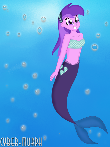 Size: 1644x2188 | Tagged: safe, artist:cyber-murph, derpibooru import, amethyst star, mermaid, equestria girls, equestria girls series, background human, belly button, bubble, female, fish tail, flowing hair, hairband, image, mermaidized, midriff, ocean, png, scales, signature, solo, species swap, swimming, tail, tube top, underwater, water