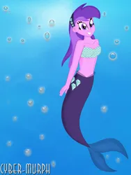 Size: 1644x2188 | Tagged: safe, artist:cyber-murph, derpibooru import, amethyst star, mermaid, equestria girls, equestria girls series, background human, belly button, bubble, female, fish tail, flowing hair, hairband, image, mermaidized, midriff, ocean, png, scales, signature, solo, species swap, swimming, tail, tube top, underwater, water