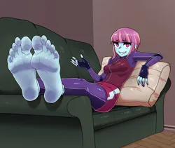 Size: 2451x2071 | Tagged: suggestive, artist:dalsegno, derpibooru import, sunny flare, human, equestria girls, friendship games, barefoot, breasts, couch, feet, fetish, foot fetish, image, nail polish, pillow, png, smiling, soles, toes