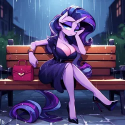 Size: 1024x1024 | Tagged: safe, derpibooru import, machine learning generated, rarity, anthro, unicorn, adorasexy, ai content, bag, bench, big breasts, breasts, busty rarity, clothes, cute, female, generator:bing image creator, generator:dall-e 3, handbag, high heels, holding head, huge breasts, image, jpeg, night, park bench, prompter:horselover fat, purse, rain, sad, sexy, shoes, sitting, solo