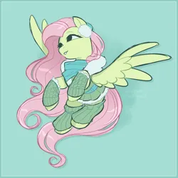 Size: 2400x2400 | Tagged: safe, artist:syrupyyy, derpibooru import, fluttershy, pegasus, pony, bundled up, clothes, drop shadow, earmuffs, female, flying, green background, high res, image, leg warmers, looking away, mare, no pupils, png, scarf, simple background, solo, spread wings, turned head, wings, winter outfit
