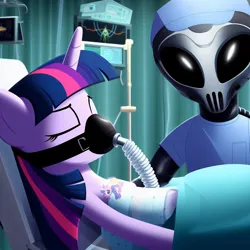 Size: 1024x1024 | Tagged: safe, derpibooru import, machine learning generated, twilight sparkle, alien, pony, unicorn, ai content, alien abduction, anesthesia, anesthesia mask, clothes, generator:bing image creator, image, jpeg, laboratory, medical, operating room, oxygen mask, science fiction, scrubs (gear), sedation, sleeping, surgeon, surgery