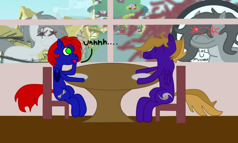 Size: 4101x2461 | Tagged: safe, alternate version, artist:hurricanehunter03, derpibooru import, oc, oc:ion sparkplug, oc:praenuntia mortis, oc:shrapnel, oc:wing front, pegasus, blue fur, brown mane, chair, derpibooru exclusive, eating, father and child, father and daughter, female, floor, gray mane, green eyes, grey fur, houses, hurricane, image, library, male, married, oblivious, oc x oc, pegasus oc, png, ponyville, praenuntia mortis doing mortis things, purple fur, red glowing eyes, red mane, restaurant, shipping, this will end in death, this will end in pain, this will end in shrapnel killing ion, this will end in tears, this will end in tears and/or death, wall, white fur, wingless, wings, wrench