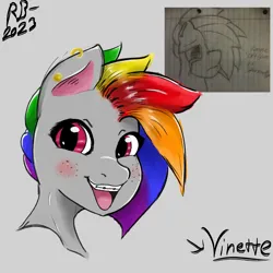 Size: 1800x1800 | Tagged: safe, artist:neava, derpibooru import, oc, oc:vinette softcore, earth pony, blushing, braces, crying, ear piercing, female, freckles, image, looking at you, multicolored hair, piercing, png, rainbow hair, redraw, smiling, teeth