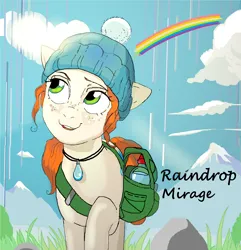 Size: 4808x4984 | Tagged: safe, artist:ponyhiall, derpibooru import, oc, oc:raindrop mirage, earth pony, backpack, beanie hat, cloud, cutie mark, grass, green eyes, image, jewelry, mountain, mountain range, pendant, png, rain, rainbow, red hair, rock, sky, smiling, snow, solo, sun, sunshine, tree, water bottle