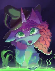 Size: 1031x1337 | Tagged: safe, artist:maxi_ponie, derpibooru import, pony, unicorn, g5, cauldron, cute, eyebrows, eyebrows visible through hair, female, halloween, hat, holiday, horn, image, jpeg, looking at you, mare, misty brightdawn, mistybetes, open mouth, open smile, rebirth misty, signature, smiling, smiling at you, solo, unshorn fetlocks, witch hat