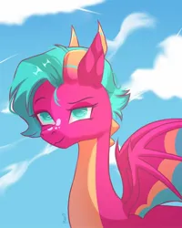 Size: 1106x1380 | Tagged: safe, artist:maxi_ponie, derpibooru import, dragon, g5, blaize skysong, dragon wings, eyebrows, female, image, jpeg, signature, smiling, solo, spread wings, wings