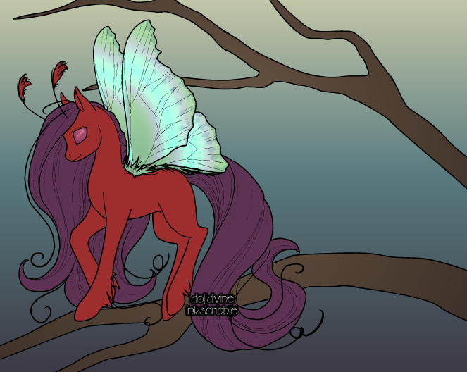 Size: 663x528 | Tagged: safe, derpibooru import, oc, oc:magic forest, breezie, pony, antenna, breezie oc, dolldivine, feelers, female, image, pink eyes, png, purple mane, purple tail, red fur, red skin, simple background, solo, tail, tree, wings