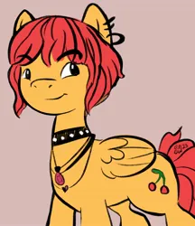 Size: 1584x1832 | Tagged: safe, artist:amynewblue, derpibooru import, idw, pegasus, pony, g5, cherry (g5), choker, ear piercing, earring, image, jewelry, jpeg, necklace, nonbinary, peach background, piercing, simple background, smiling, solo