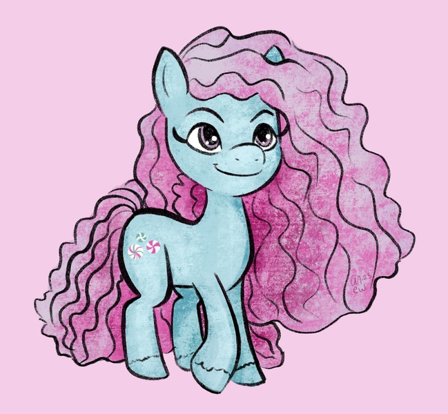 Size: 1820x1683 | Tagged: safe, artist:amynewblue, derpibooru import, minty, earth pony, pony, g3, g5, female, g3 to g5, generation leap, image, jpeg, mare, pink background, simple background, smiling, solo, toy interpretation, unshorn fetlocks