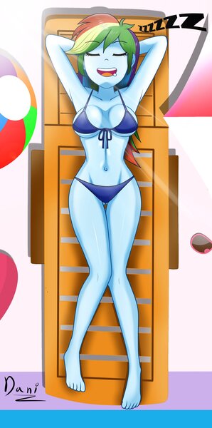 Size: 2033x4096 | Tagged: suggestive, alternate version, artist:danielitamlp, derpibooru import, rainbow dash, human, equestria girls, rainbow rocks, barefoot, beach ball, beach towel, beautiful, bikini, blue bikini, breasts, busty rainbow dash, clothes, feet, female, high res, image, inner tube, jpeg, onomatopoeia, pool toy, sexy, solo, solo female, sound effects, stupid sexy rainbow dash, swimsuit, towel, water bottle, zzz