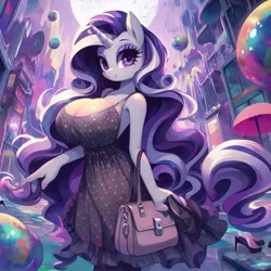 Size: 1024x1024 | Tagged: safe, derpibooru import, machine learning generated, rarity, anthro, unicorn, abstract background, ai content, bag, big breasts, breasts, clothes, dress, generator:bing image creator, generator:dall-e 3, handbag, high heels, huge breasts, image, jpeg, looking at you, prompter:horselover fat, purse, sexy, shoes, standing, surreal