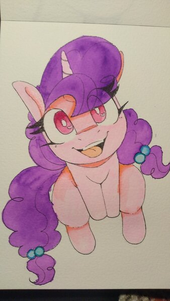 Size: 1152x2048 | Tagged: safe, artist:lockheart, derpibooru import, sugar belle, pony, unicorn, cute, eye clipping through hair, female, image, jpeg, looking at you, looking up, looking up at you, mare, marker drawing, open mouth, open smile, smiling, smiling at you, solo, traditional art